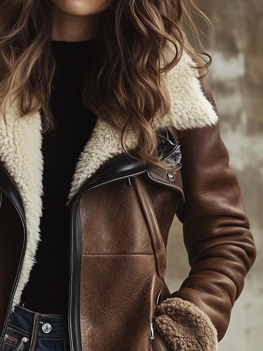 Kirsty™ | Faux-Leather Contrast-Collar Coat