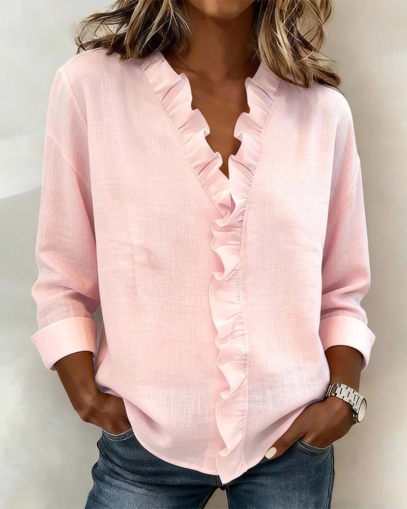 Solange™ | Ruffle V-Neck Cotton-Linen Blouse