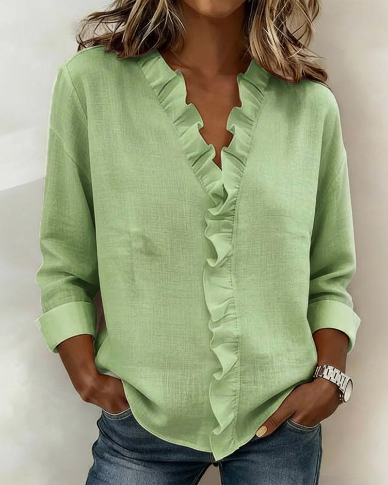 Solange™ | Ruffle V-Neck Cotton-Linen Blouse
