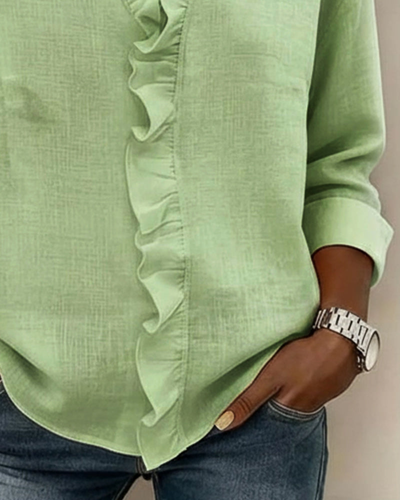 Solange™ | Ruffle V-Neck Cotton-Linen Blouse