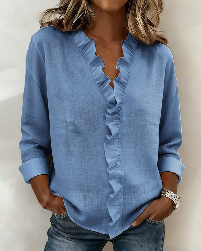 Solange™ | Ruffle V-Neck Cotton-Linen Blouse
