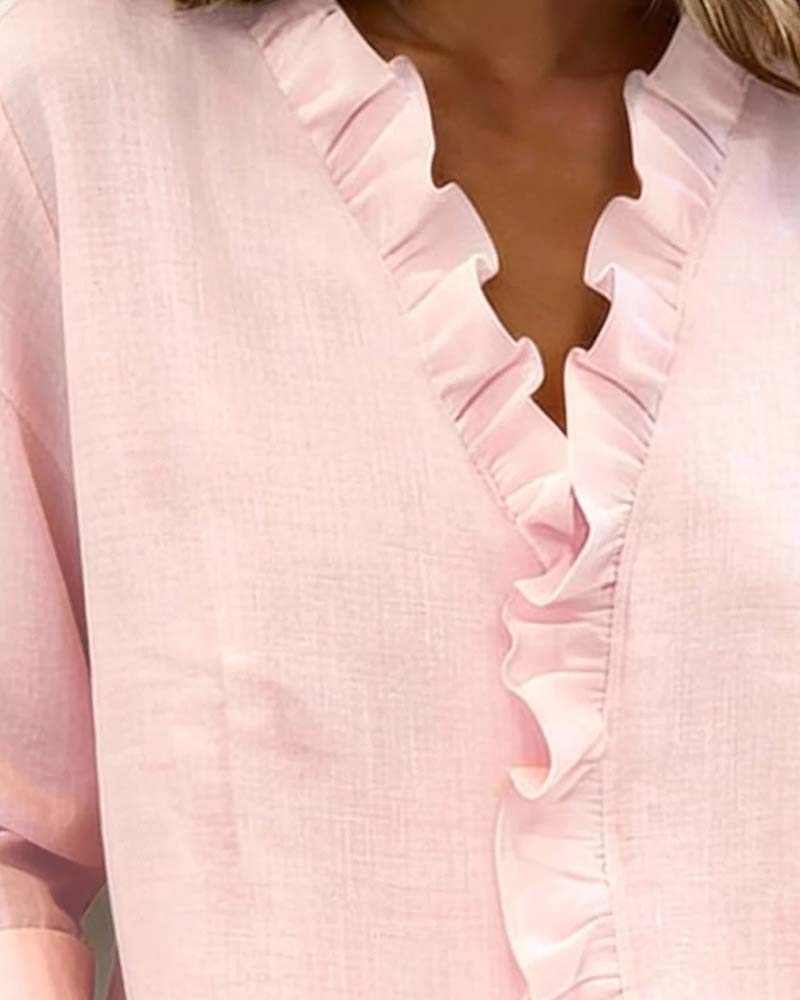 Solange™ | Ruffle V-Neck Cotton-Linen Blouse