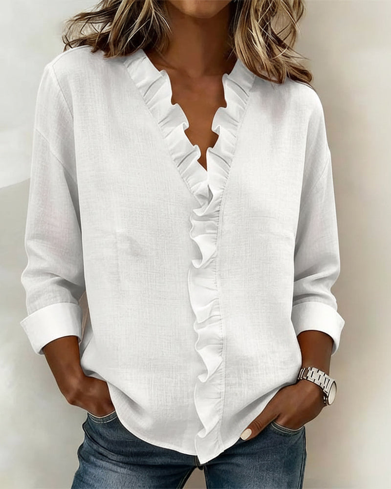 Solange™ | Ruffle V-Neck Cotton-Linen Blouse