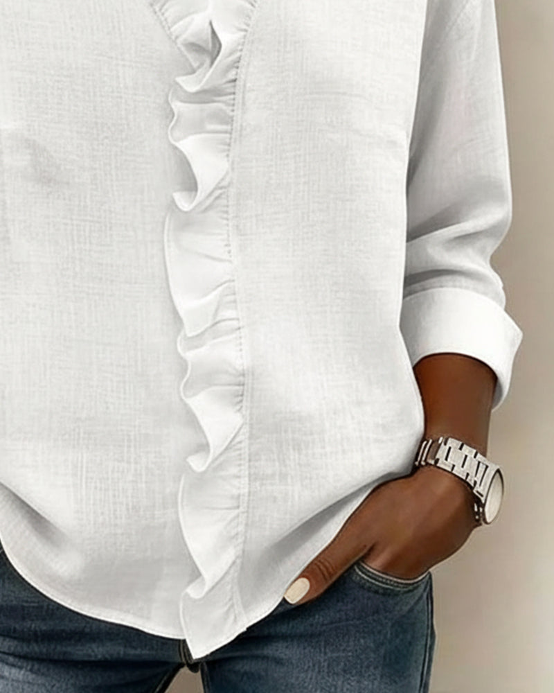 Solange™ | Ruffle V-Neck Cotton-Linen Blouse