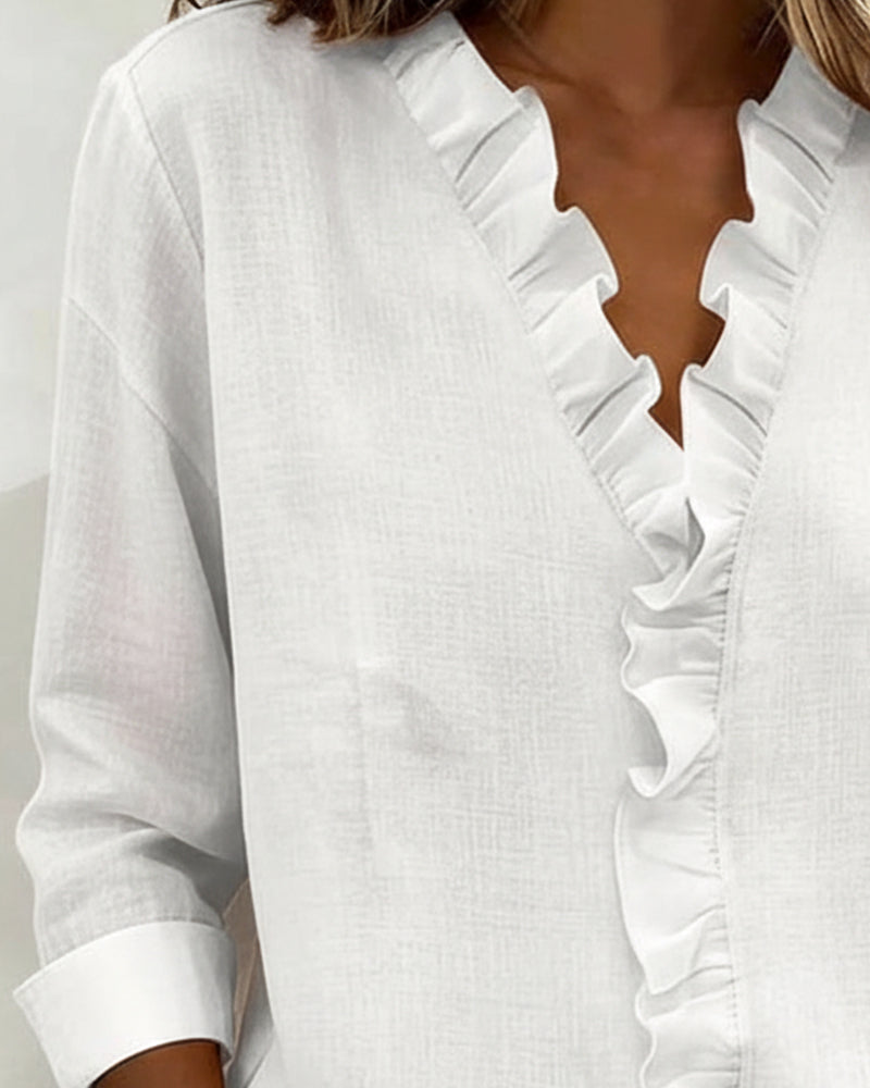 Solange™ | Ruffle V-Neck Cotton-Linen Blouse