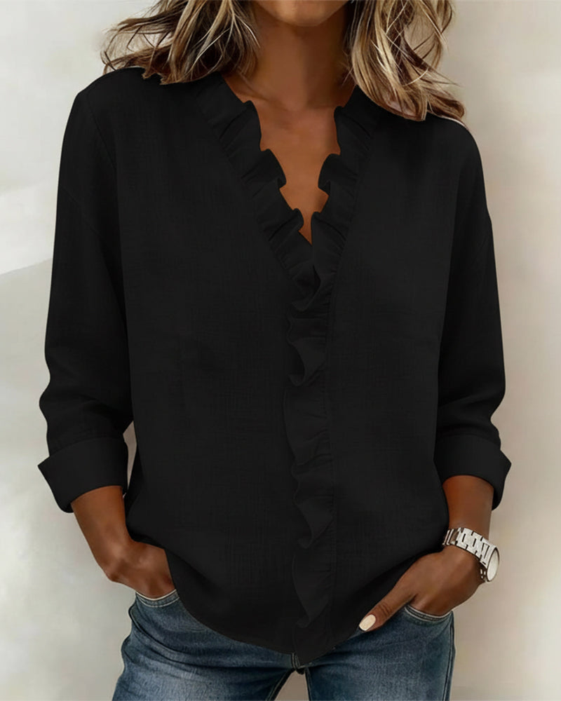 Solange™ | Ruffle V-Neck Cotton-Linen Blouse