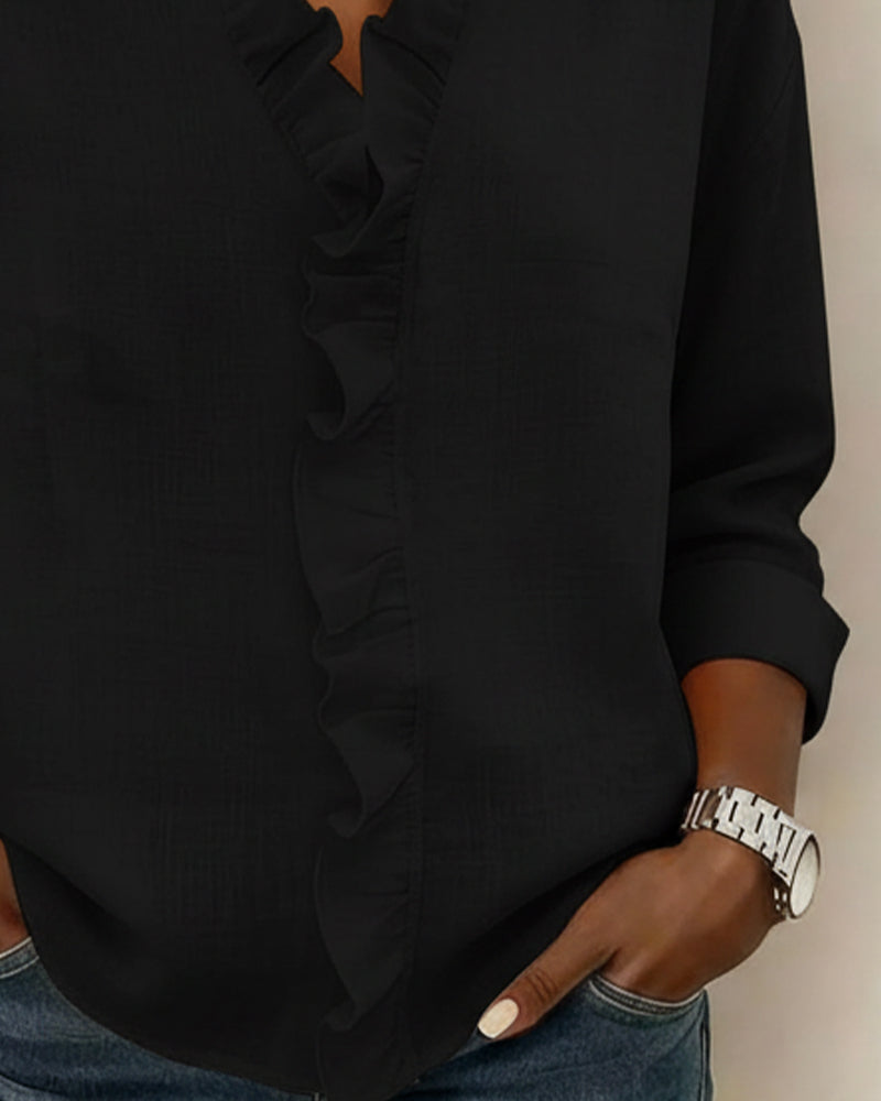 Solange™ | Ruffle V-Neck Cotton-Linen Blouse